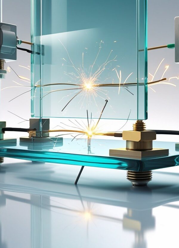 Ilustração mostrando um pedaço de vidro entre dois eletrodos elétricos, com símbolos de eletricidade sendo bloqueados pelo vidro.