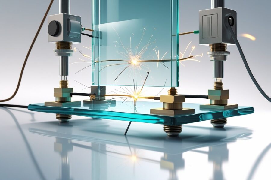 Ilustração mostrando um pedaço de vidro entre dois eletrodos elétricos, com símbolos de eletricidade sendo bloqueados pelo vidro.
