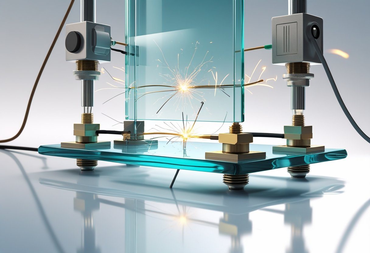 Ilustração mostrando um pedaço de vidro entre dois eletrodos elétricos, com símbolos de eletricidade sendo bloqueados pelo vidro.