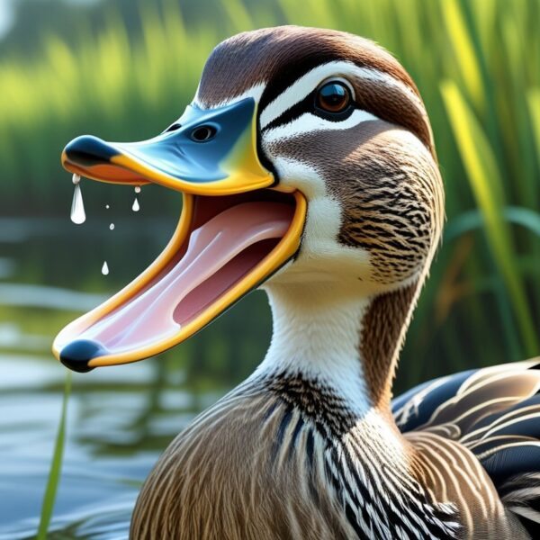 Um pato com o bico aberto mostrando seus dentes, próximo a um lago com plantas ao redor.