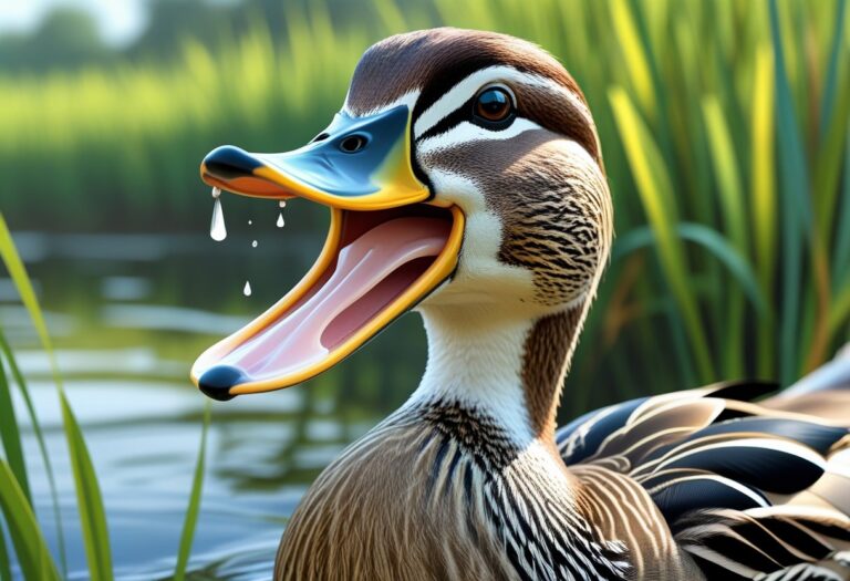 Um pato com o bico aberto mostrando seus dentes, próximo a um lago com plantas ao redor.