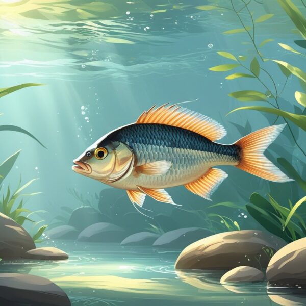 Peixe tilápia nadando calmamente em um ambiente subaquático com plantas aquáticas e pedras no fundo.