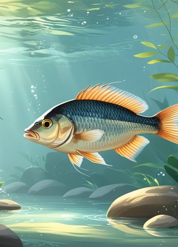 Peixe tilápia nadando calmamente em um ambiente subaquático com plantas aquáticas e pedras no fundo.