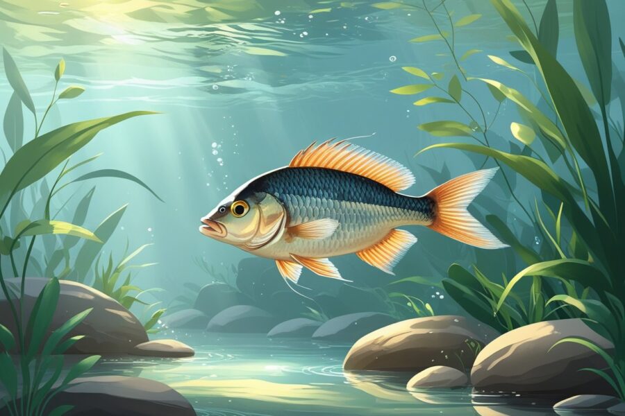 Peixe tilápia nadando calmamente em um ambiente subaquático com plantas aquáticas e pedras no fundo.