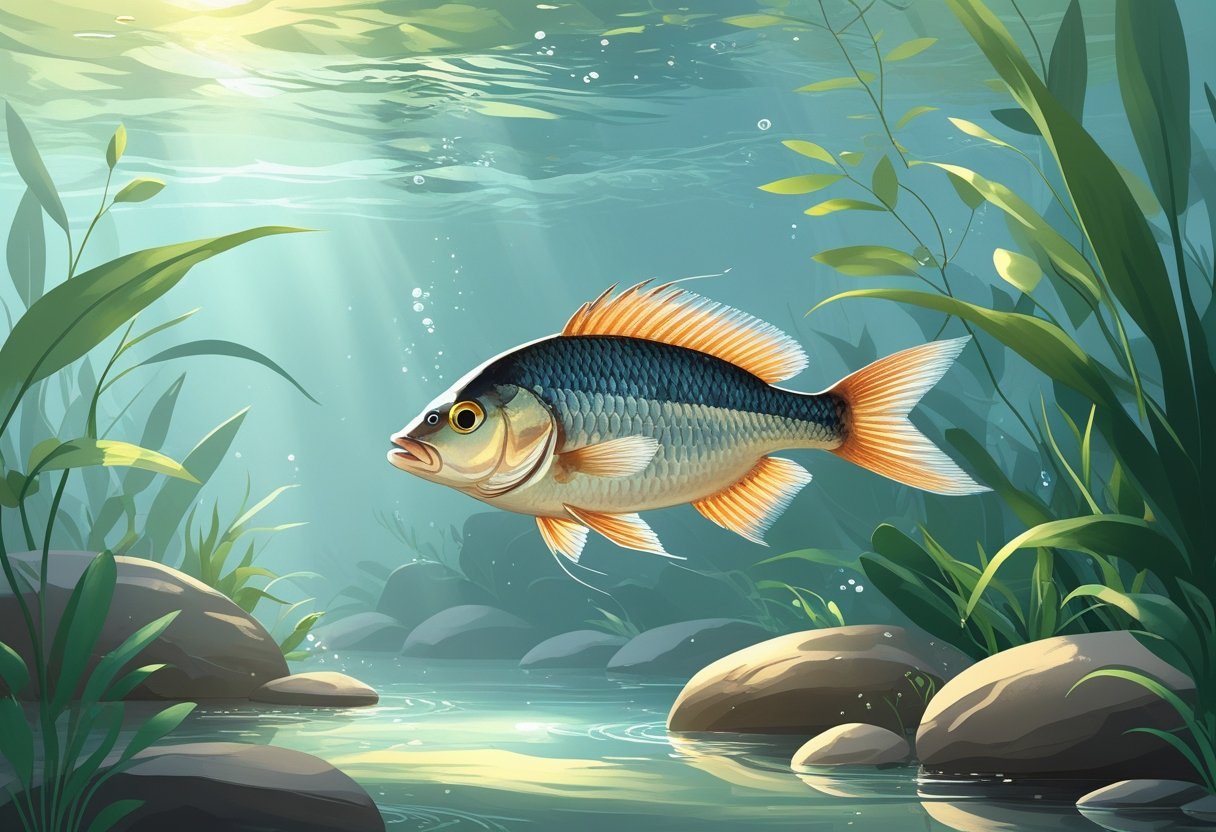 Peixe tilápia nadando calmamente em um ambiente subaquático com plantas aquáticas e pedras no fundo.