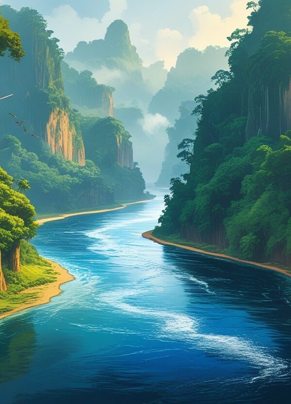 Rio Congo fluindo por uma floresta tropical densa com árvores altas e vegetação verde, mostrando águas profundas e céu claro ao fundo.