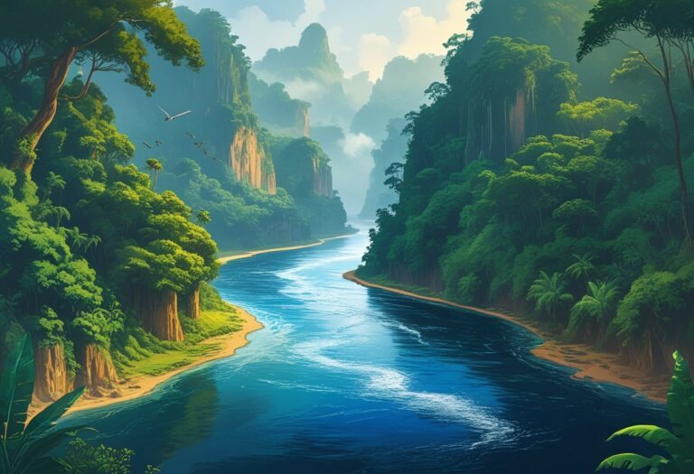 Rio Congo fluindo por uma floresta tropical densa com árvores altas e vegetação verde, mostrando águas profundas e céu claro ao fundo.