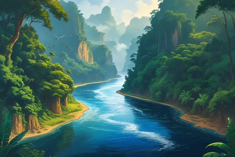 Rio Congo fluindo por uma floresta tropical densa com árvores altas e vegetação verde, mostrando águas profundas e céu claro ao fundo.