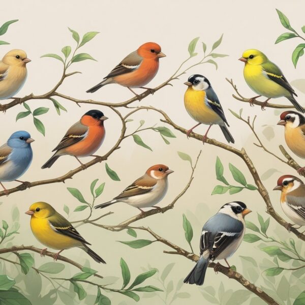 Vários passarinhos coloridos empoleirados em galhos com folhas verdes, em um ambiente natural.