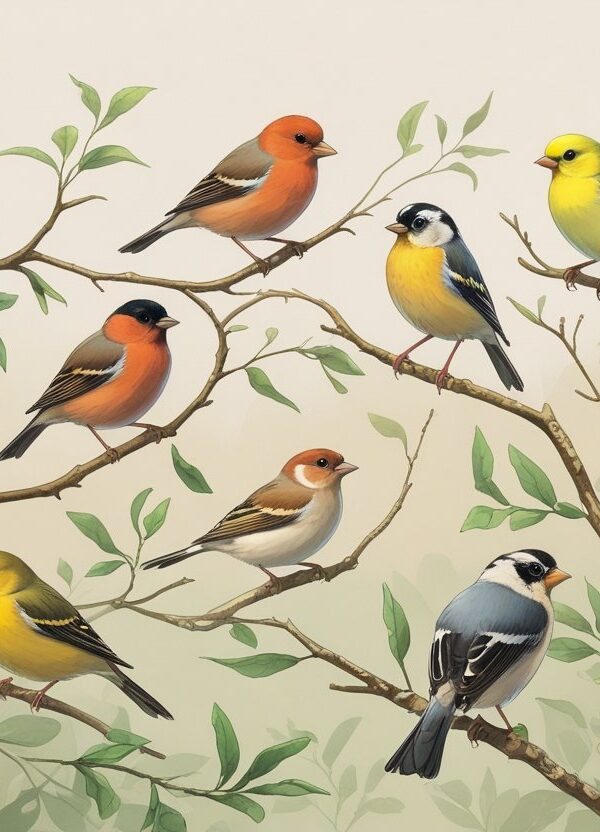 Vários passarinhos coloridos empoleirados em galhos com folhas verdes, em um ambiente natural.