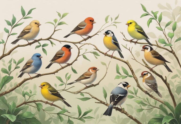 Vários passarinhos coloridos empoleirados em galhos com folhas verdes, em um ambiente natural.