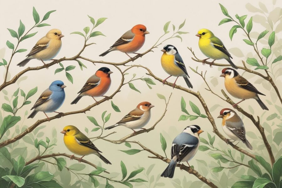 Vários passarinhos coloridos empoleirados em galhos com folhas verdes, em um ambiente natural.