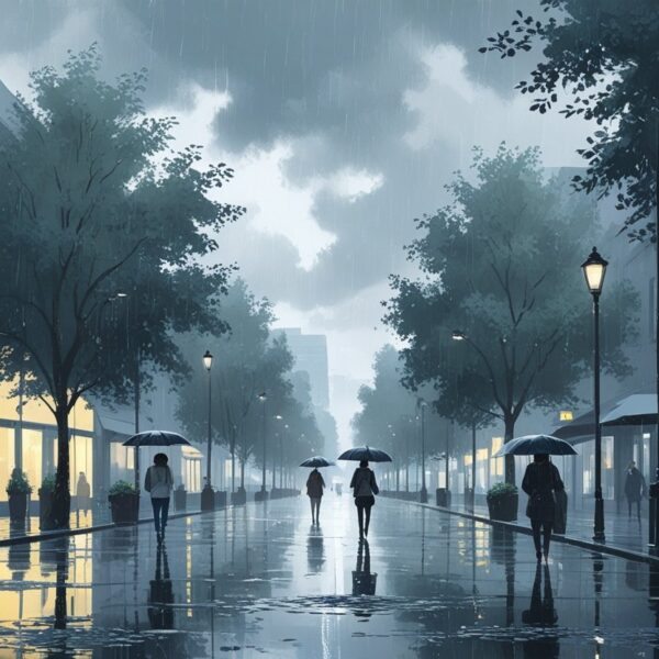 Rua urbana com chuva leve e esparsa, pessoas com guarda-chuvas e poças d'água no chão.