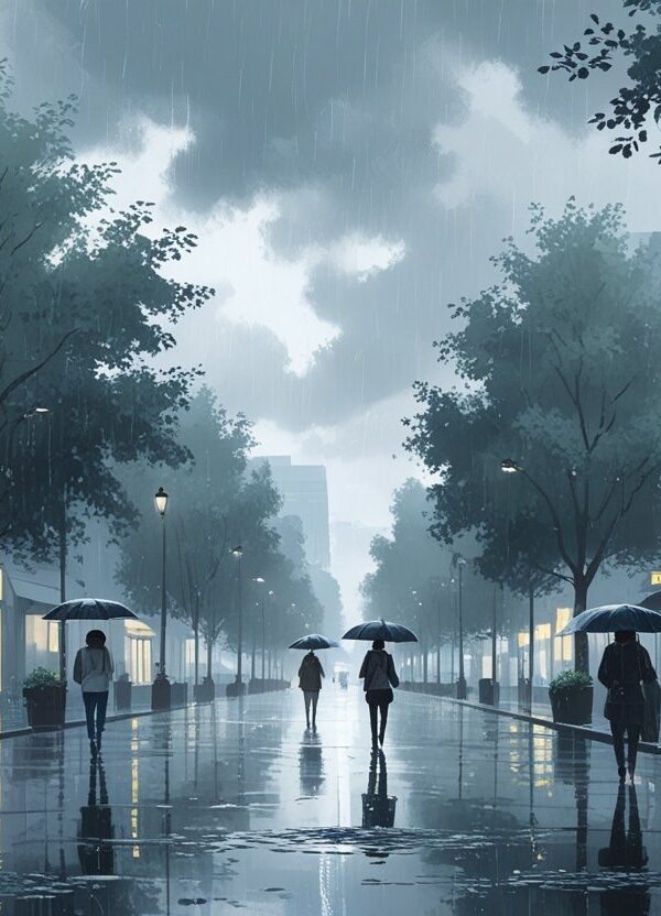 Rua urbana com chuva leve e esparsa, pessoas com guarda-chuvas e poças d'água no chão.