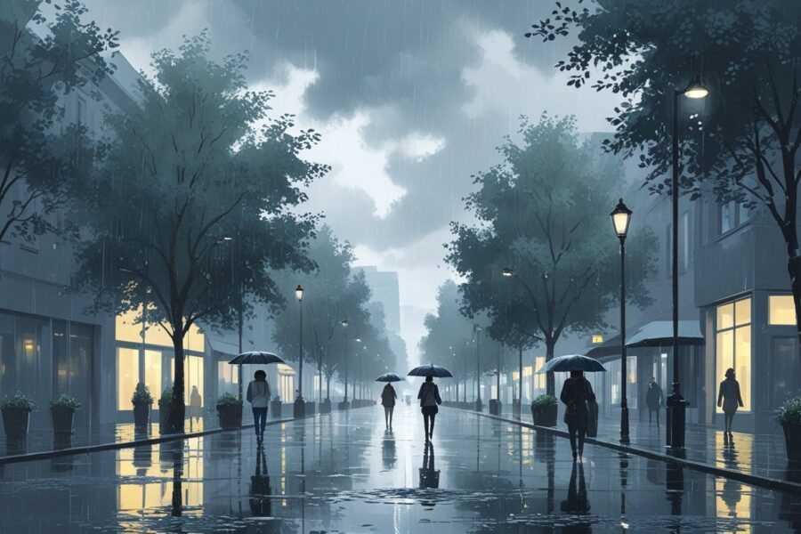 Rua urbana com chuva leve e esparsa, pessoas com guarda-chuvas e poças d'água no chão.