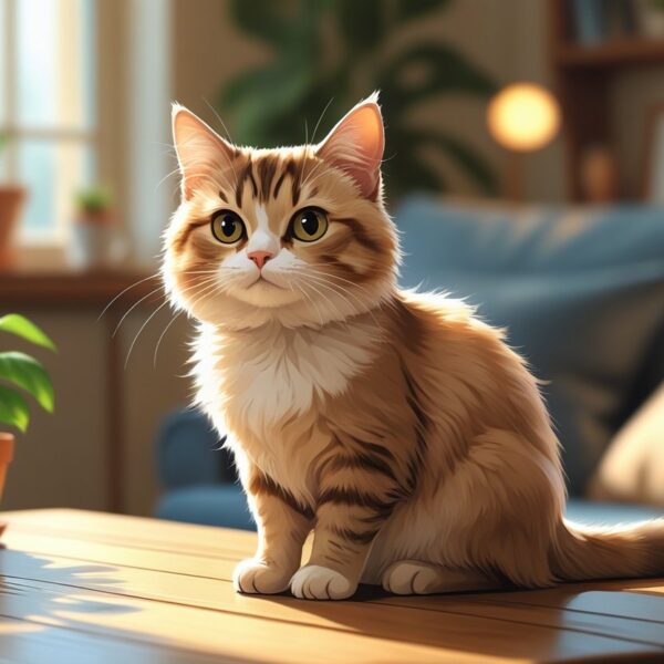 Um gato munchkin sentado em uma mesa de madeira em um ambiente acolhedor e iluminado.