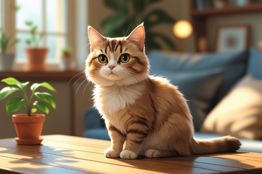 Um gato munchkin sentado em uma mesa de madeira em um ambiente acolhedor e iluminado.