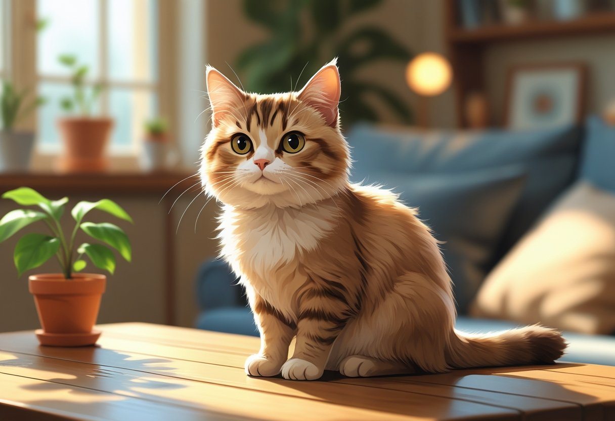 Um gato munchkin sentado em uma mesa de madeira em um ambiente acolhedor e iluminado.