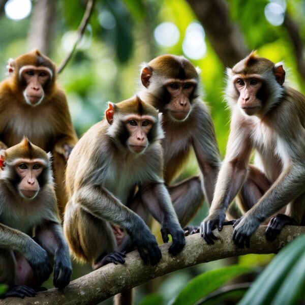 Grupo de diferentes espécies de macacos em seu habitat natural na floresta, mostrando variedade de tamanhos e cores.