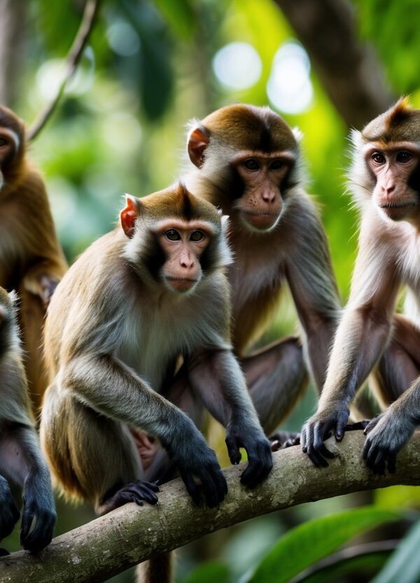 Grupo de diferentes espécies de macacos em seu habitat natural na floresta, mostrando variedade de tamanhos e cores.