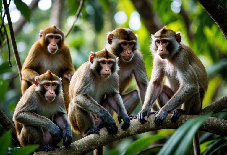 Grupo de diferentes espécies de macacos em seu habitat natural na floresta, mostrando variedade de tamanhos e cores.