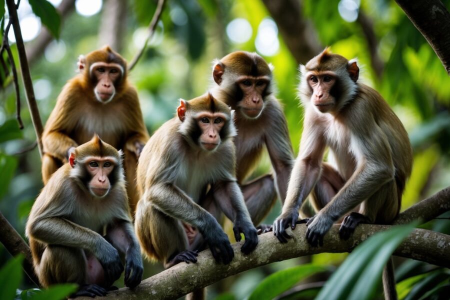 Grupo de diferentes espécies de macacos em seu habitat natural na floresta, mostrando variedade de tamanhos e cores.