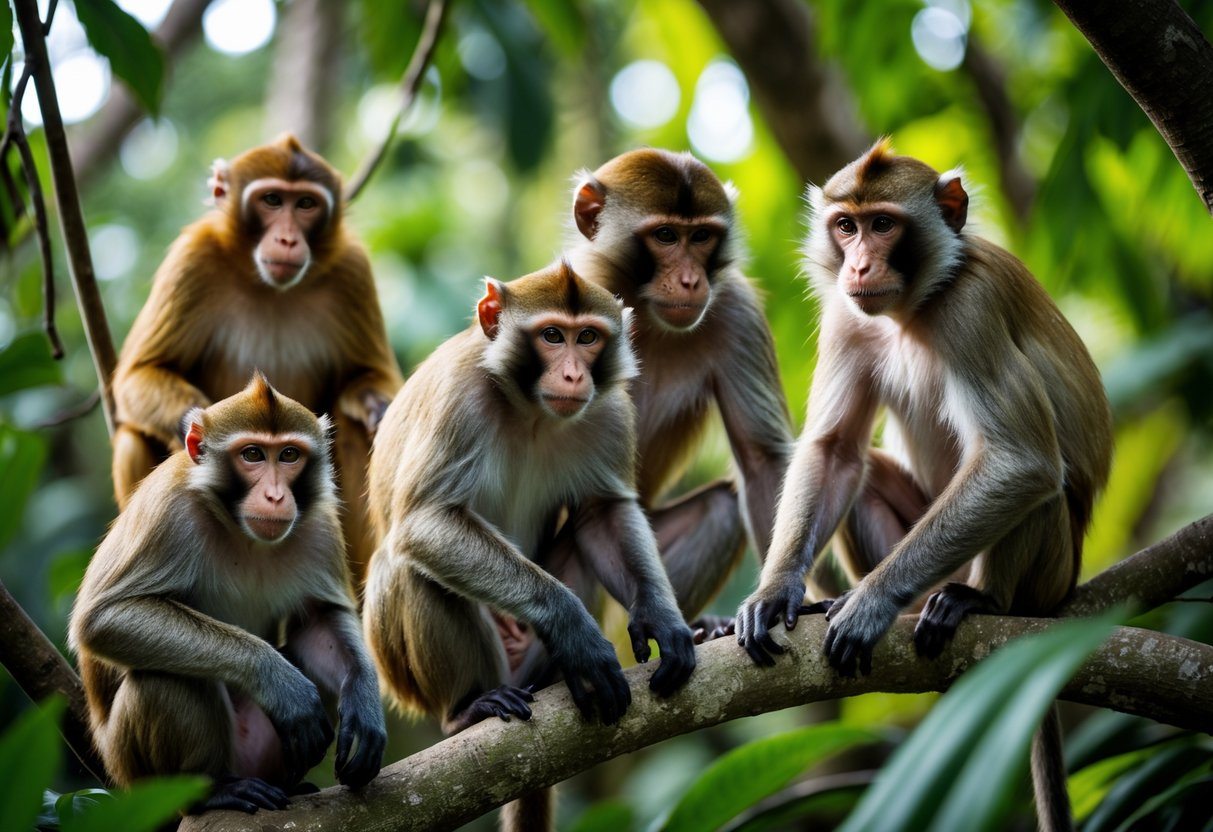 Grupo de diferentes espécies de macacos em seu habitat natural na floresta, mostrando variedade de tamanhos e cores.