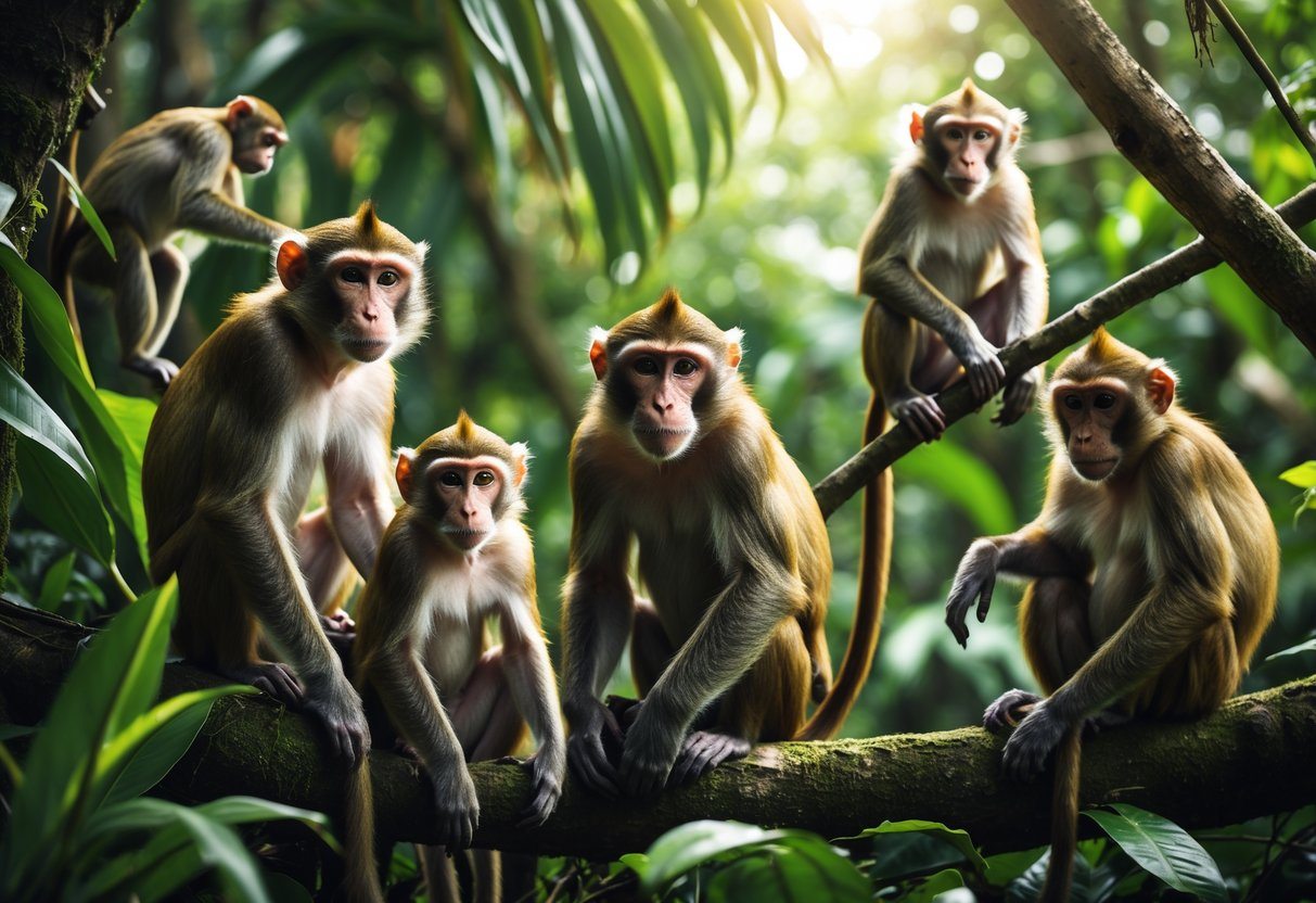 Vários tipos de macacos diferentes em um ambiente de floresta tropical, mostrando diversidade de espécies e comportamentos naturais.