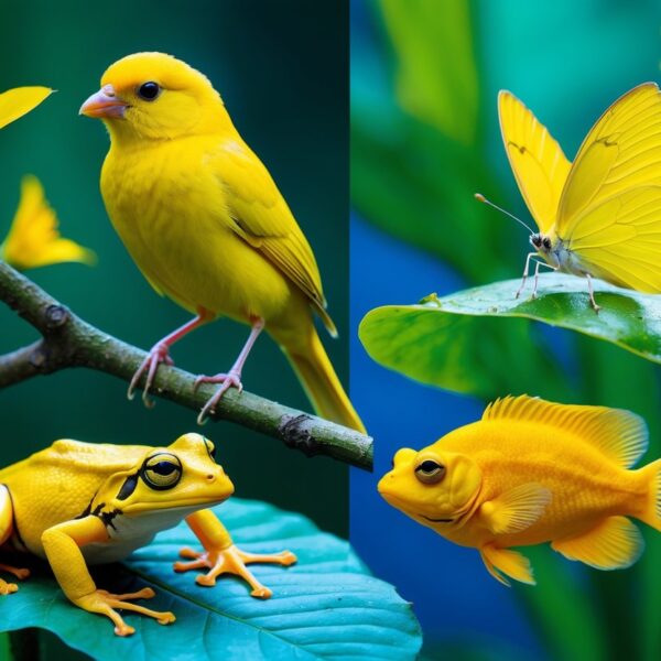 Vários animais amarelos em seu habitat natural, incluindo um canário, uma borboleta, um sapo e um peixe tropical.