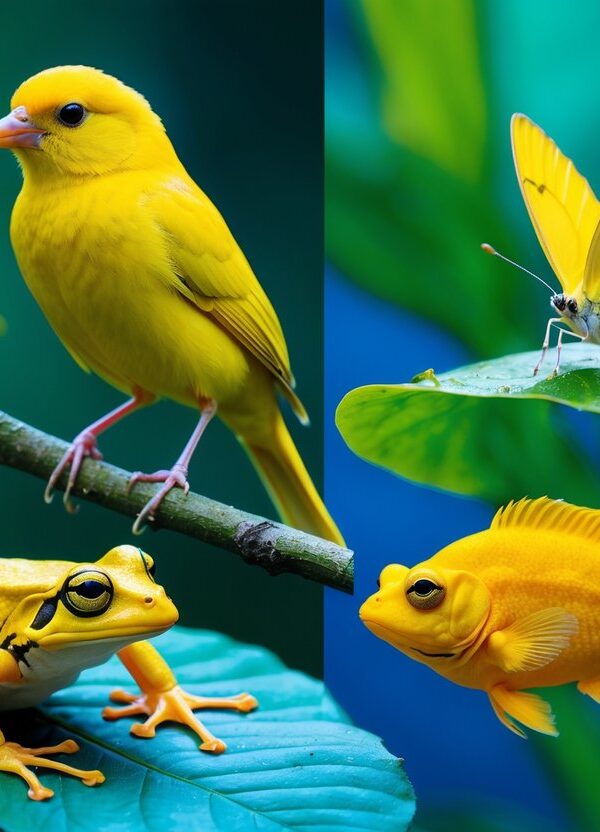 Vários animais amarelos em seu habitat natural, incluindo um canário, uma borboleta, um sapo e um peixe tropical.
