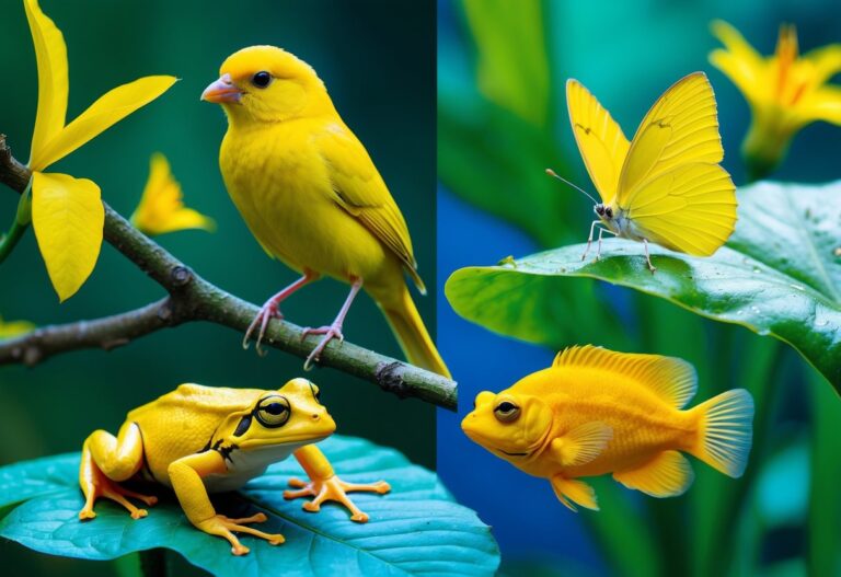 Vários animais amarelos em seu habitat natural, incluindo um canário, uma borboleta, um sapo e um peixe tropical.