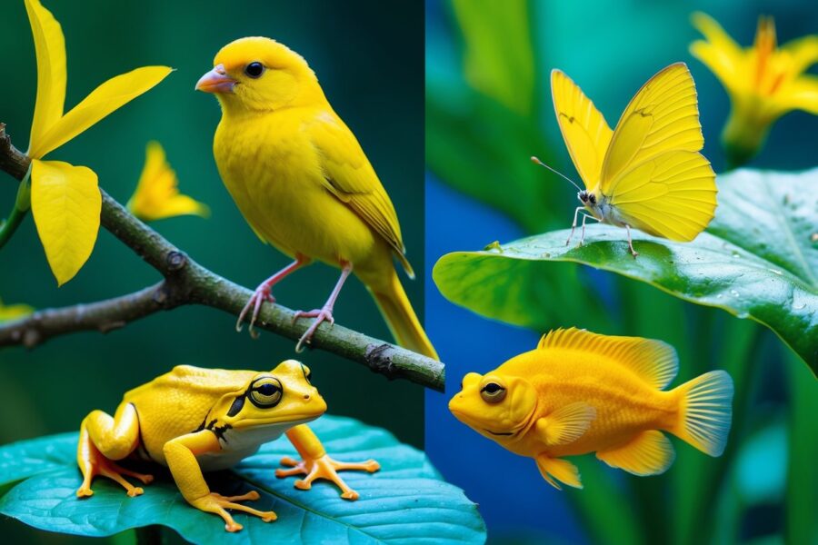 Vários animais amarelos em seu habitat natural, incluindo um canário, uma borboleta, um sapo e um peixe tropical.