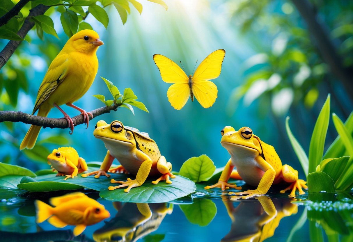 Vários animais amarelos em seus habitats naturais, incluindo um canário, uma borboleta, um sapo e um peixe tropical, em um ambiente com vegetação e água.