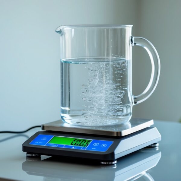 Um recipiente de vidro cheio com um litro de água sobre uma balança digital mostrando o peso.