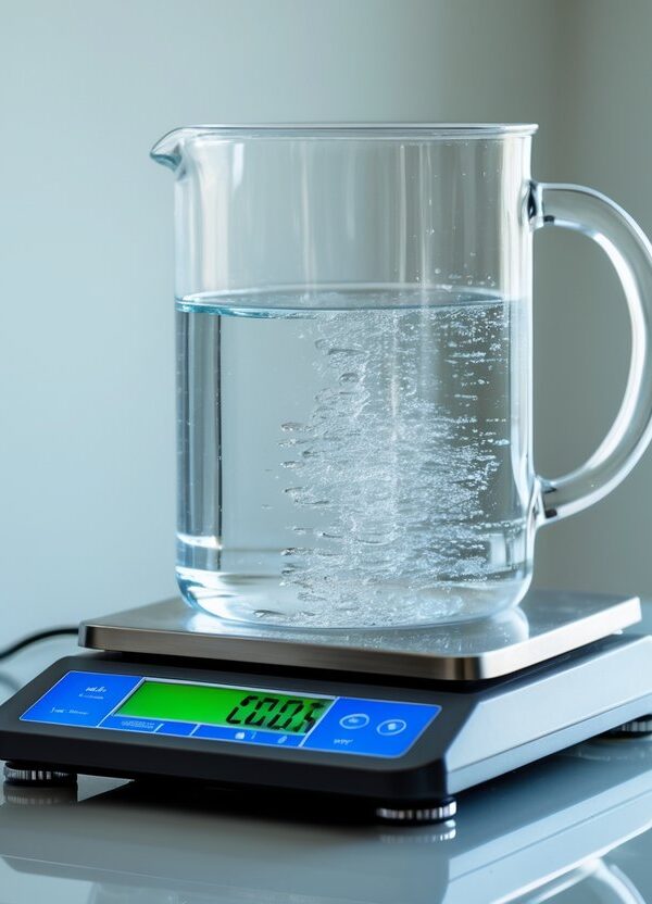 Um recipiente de vidro cheio com um litro de água sobre uma balança digital mostrando o peso.