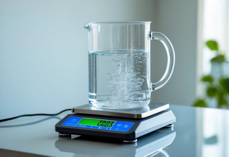 Um recipiente de vidro cheio com um litro de água sobre uma balança digital mostrando o peso.