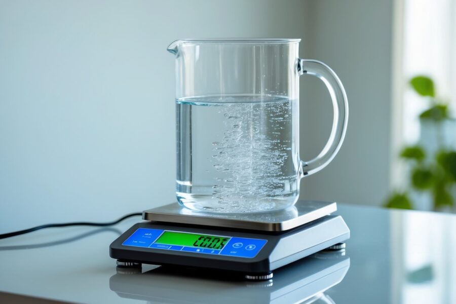 Um recipiente de vidro cheio com um litro de água sobre uma balança digital mostrando o peso.
