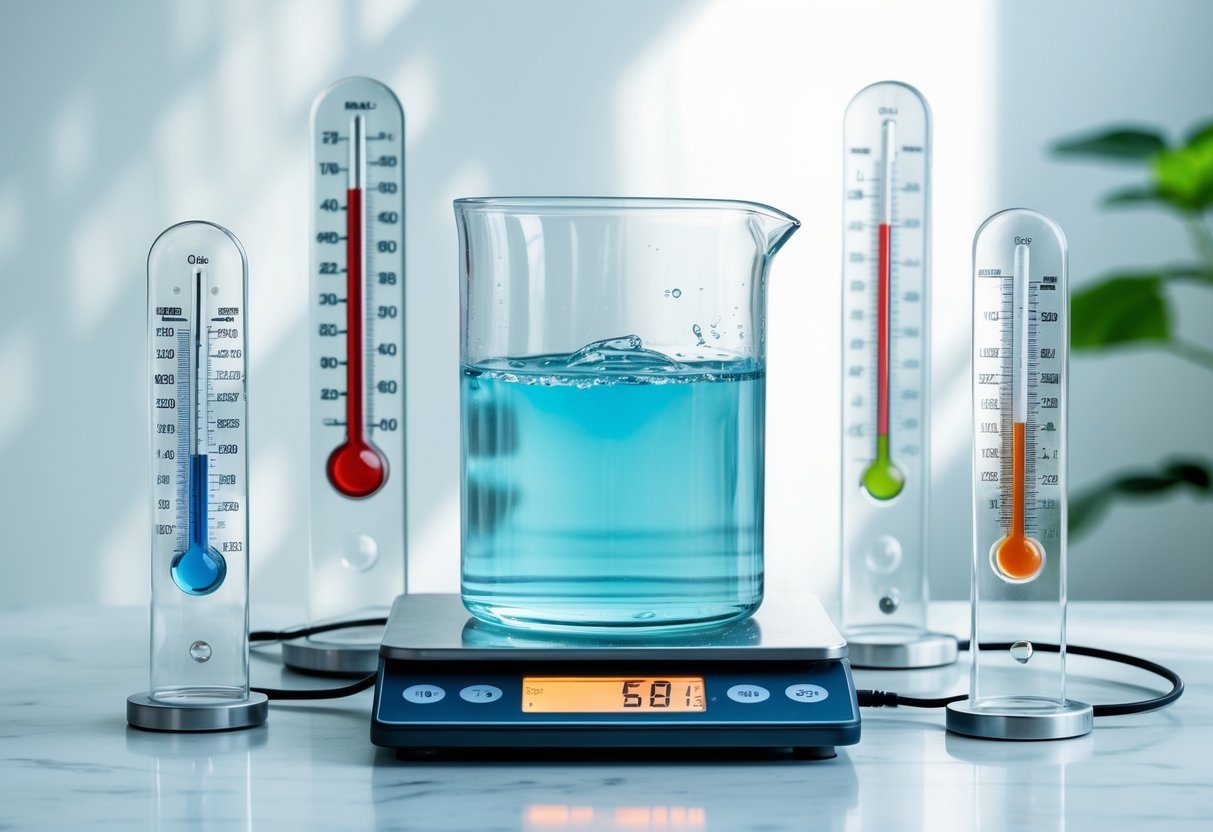 Um recipiente de vidro com um litro de água sobre uma balança digital, cercado por instrumentos que indicam temperatura, pressão e umidade.