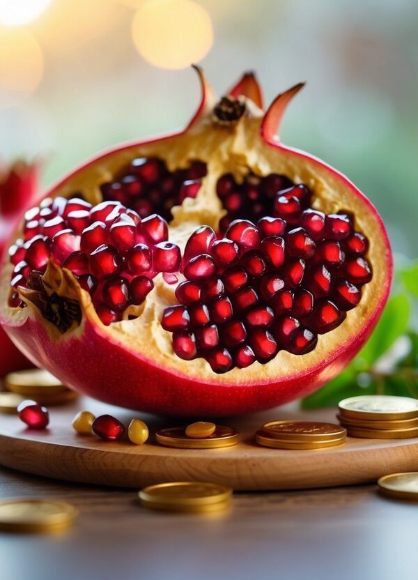Romã aberta com sementes vermelhas brilhantes sobre uma mesa de madeira, rodeada por moedas douradas e uma vela acesa.