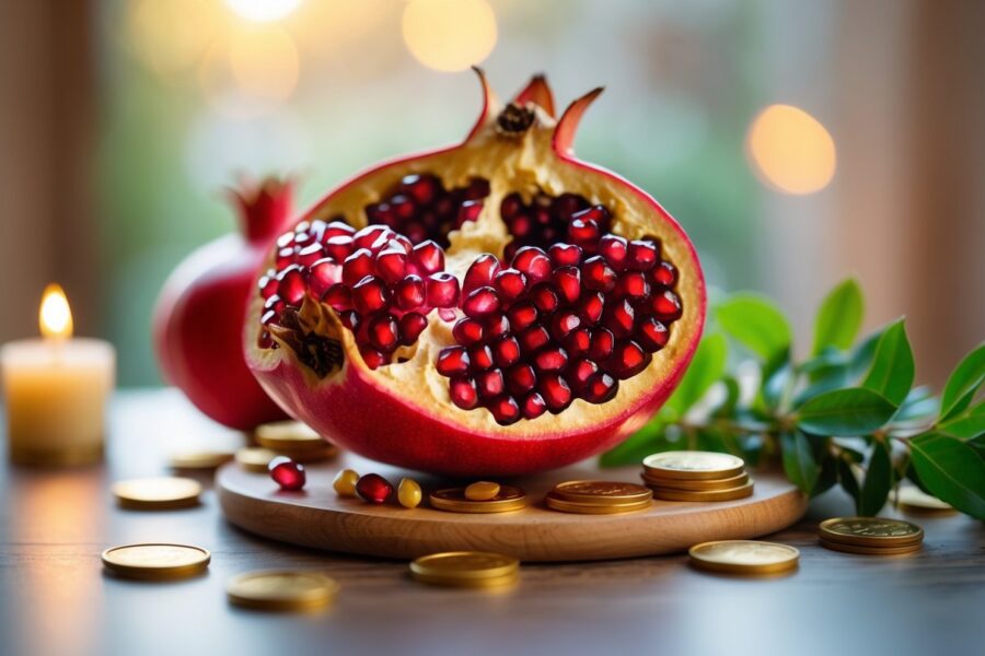 Romã aberta com sementes vermelhas brilhantes sobre uma mesa de madeira, rodeada por moedas douradas e uma vela acesa.