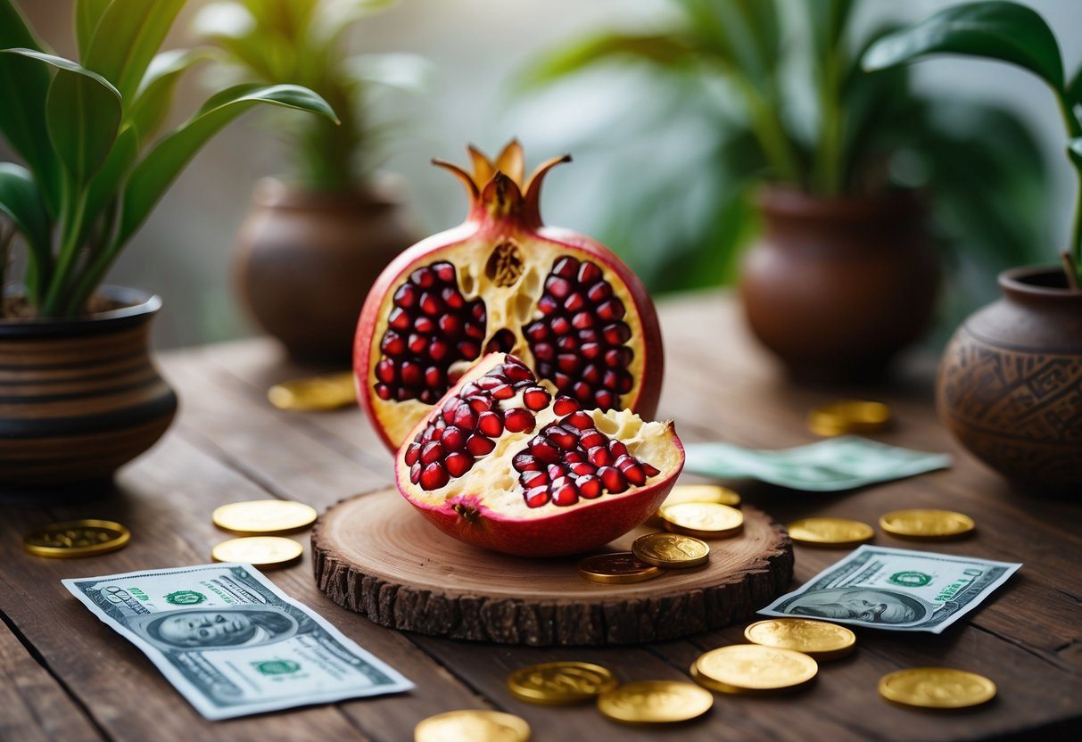Romã aberta sobre uma mesa de madeira com moedas, cédulas de dinheiro e plantas ao redor, representando uma simpatia para ganhar dinheiro.