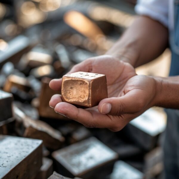 Pessoa segurando um pedaço de bronze em um ambiente de reciclagem de metais.