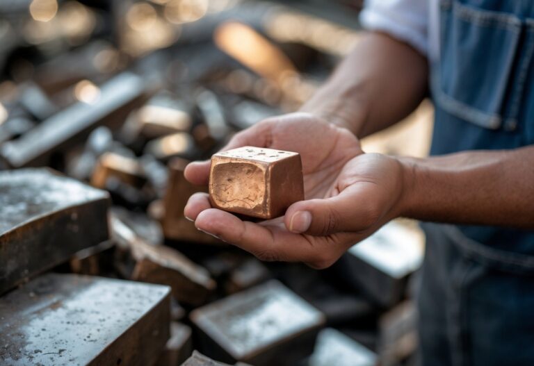 Pessoa segurando um pedaço de bronze em um ambiente de reciclagem de metais.