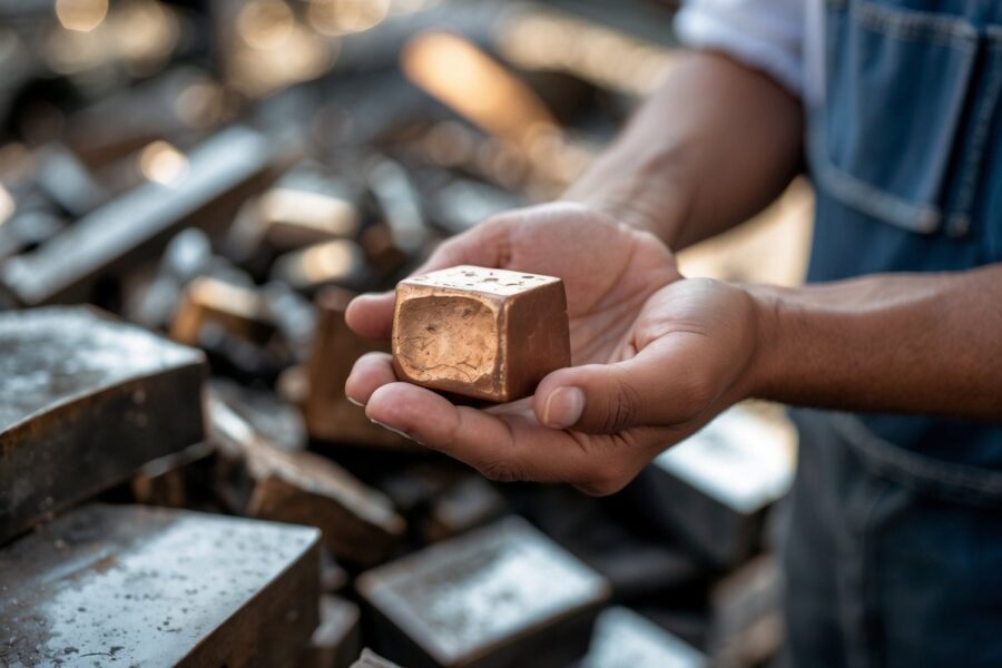 Pessoa segurando um pedaço de bronze em um ambiente de reciclagem de metais.