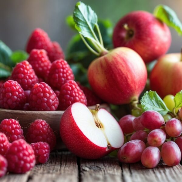 Uma mesa rústica com uma variedade de frutas vermelhas, incluindo framboesas, maçãs, uvas e rabanetes, arranjadas de forma organizada.