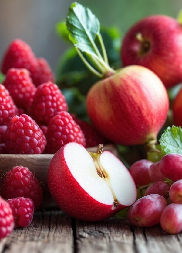 Uma mesa rústica com uma variedade de frutas vermelhas, incluindo framboesas, maçãs, uvas e rabanetes, arranjadas de forma organizada.
