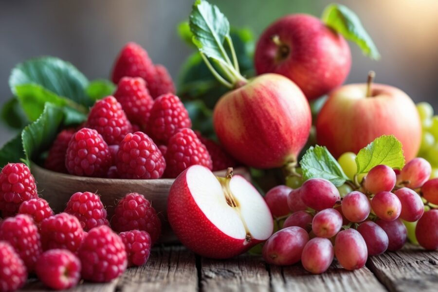 Uma mesa rústica com uma variedade de frutas vermelhas, incluindo framboesas, maçãs, uvas e rabanetes, arranjadas de forma organizada.