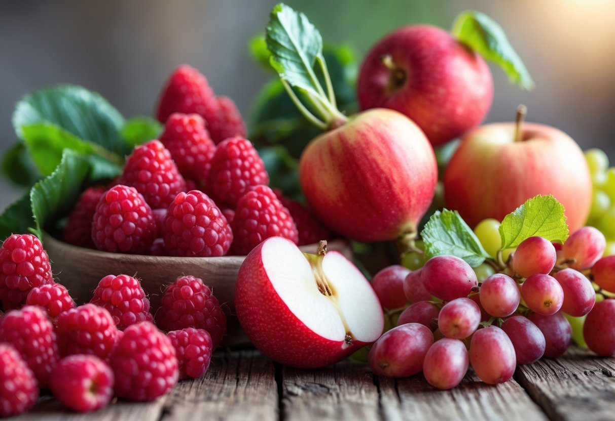 Uma mesa rústica com uma variedade de frutas vermelhas, incluindo framboesas, maçãs, uvas e rabanetes, arranjadas de forma organizada.