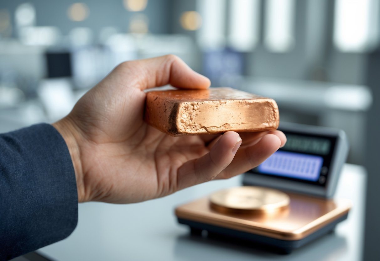 Mão segurando uma barra de bronze sobre uma balança digital em um ambiente de trabalho.