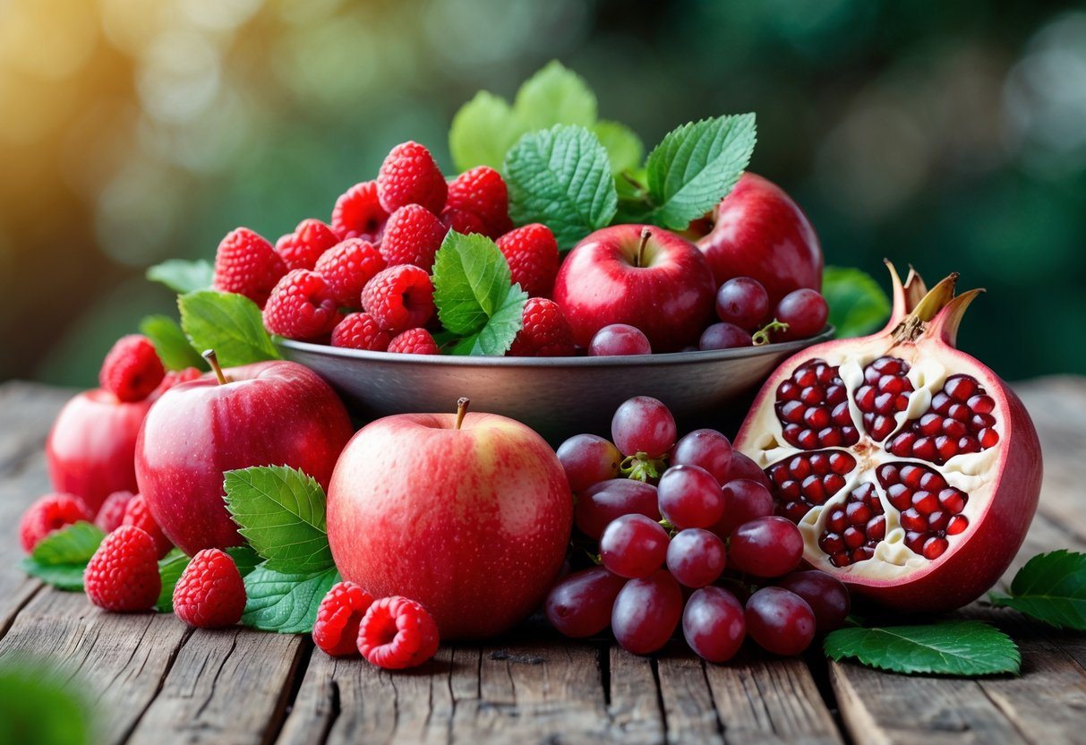 Uma variedade de frutas frescas vermelhas sobre uma mesa de madeira, incluindo framboesas, maçãs, uvas e romã, com folhas verdes ao redor.